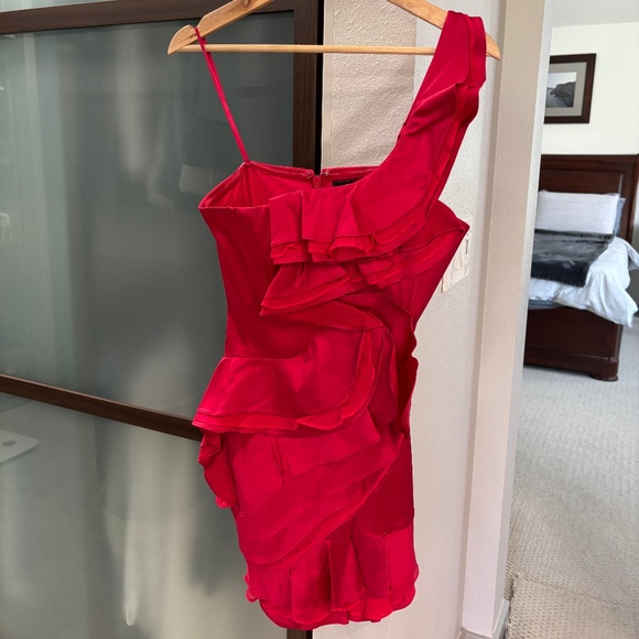 BCBGMaxAzria "Jonesy" One-shoulder Ruffled Mini Dress - Ruby Red Size 4 - Picture 7 of 16